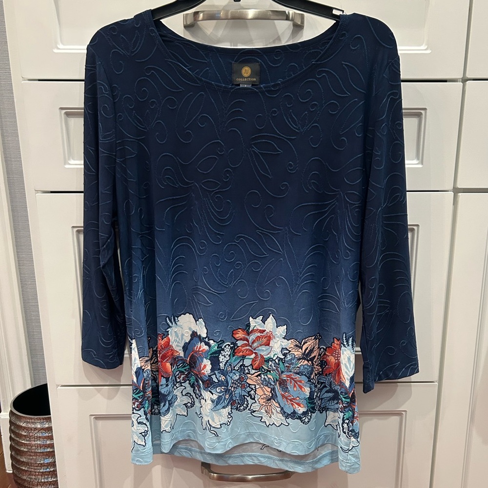 JM COLLECTION Printed Floral Jacquard Scoop Neck Top Blue Intrepid Large NWT